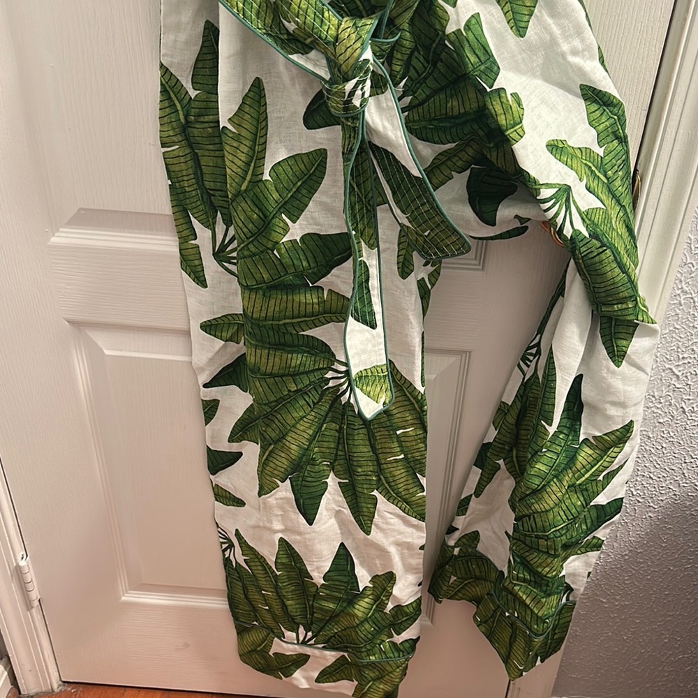 FARM Rio Tropical Green Leaf Jumpsuit, Palm Fan Linen Wide-Leg Has 2 side pocket - Picture 5 of 12